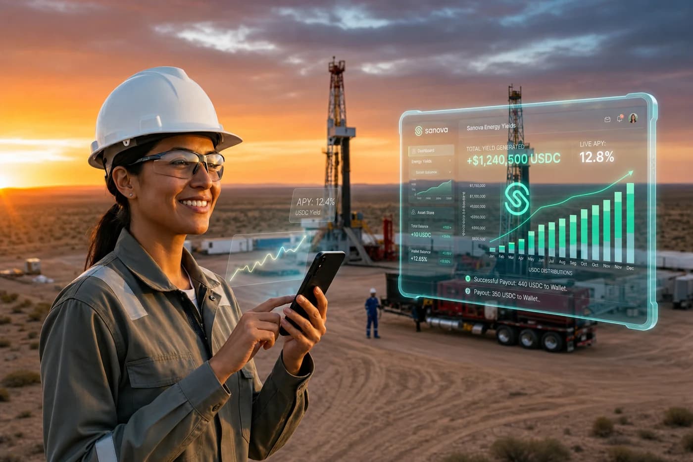 Operadora en yacimiento con smartphone y panel holográfico Sanova Energy Yields